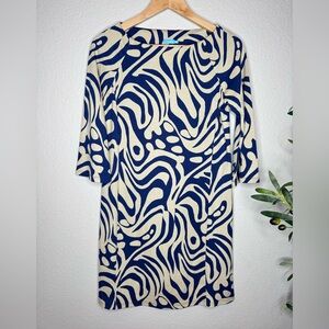 J McLaughlin Catalina Cloth Shift Dress XS Blue Cream Abstract Print 3/4 Sleeve